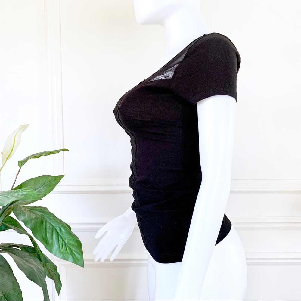 NWOT Black Sheer Lace Mesh Cutout Fitted Tee Shirt - Picture 6 of 9